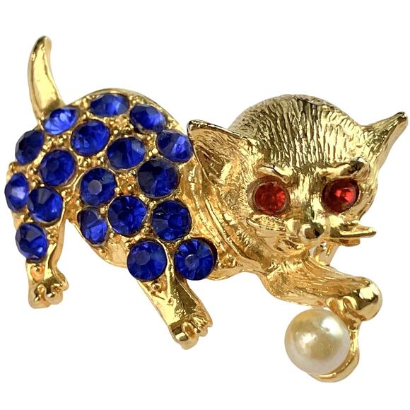 VTG Whimsical Figural Cat Brooch Gold Tone Red Blue Rhinestone Playful Pin - Picture 1 of 8